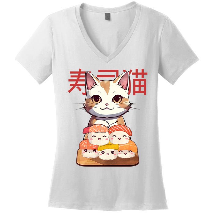 Sushi Japanese Cat Cute Gift Women's V-Neck T-Shirt