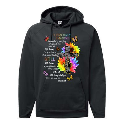 Sunflower Jesus Cross Butterfly I Can Imagine Christian Performance Fleece Hoodie