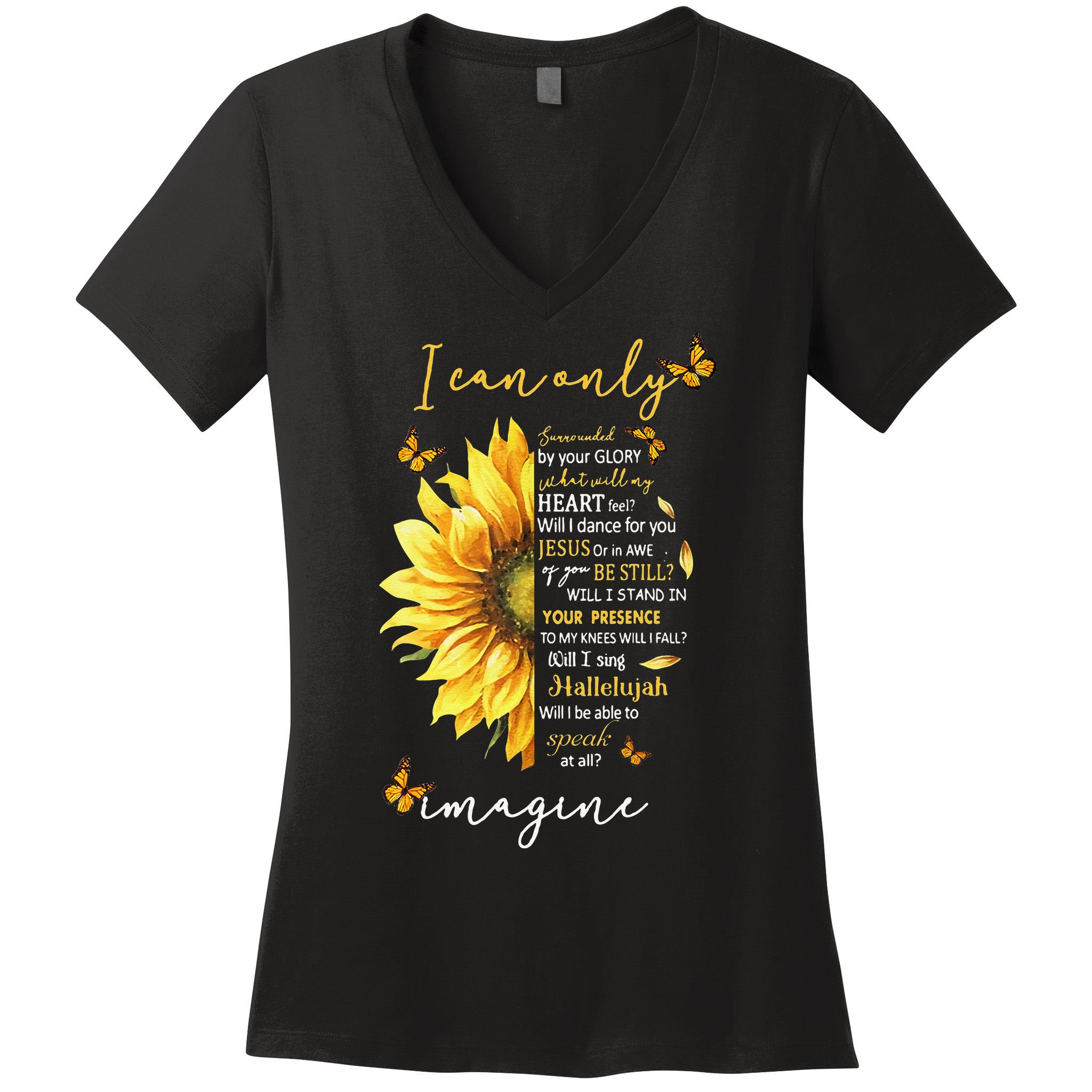 Sunflower Jesus Cross I Can Imagine Christian Religious Gift Women's V-Neck T-Shirt
