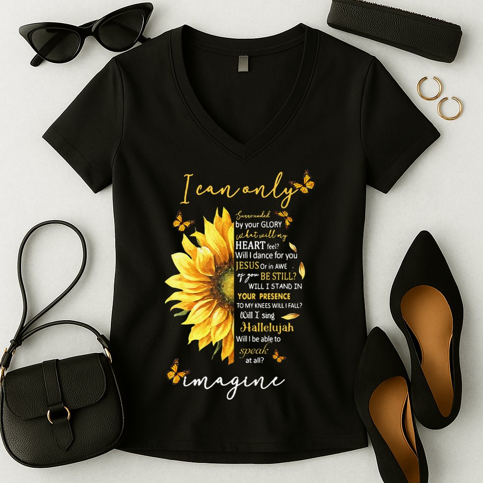 Sunflower Jesus Cross I Can Imagine Christian Religious Gift Women's V-Neck T-Shirt