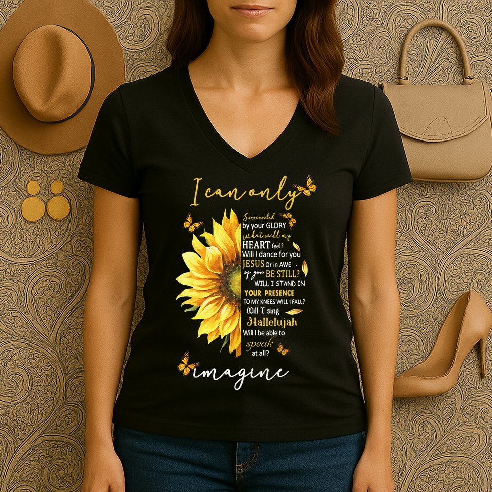 Sunflower Jesus Cross I Can Imagine Christian Religious Gift Women's V-Neck T-Shirt