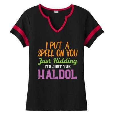 Spell Just Ding Haldol Funny Nurse Halloween Rn Icu Gift Ladies Halftime Notch Neck Tee