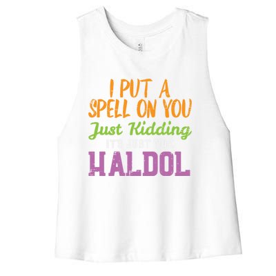 Spell Just Ding Haldol Funny Nurse Halloween Rn Icu Gift Women's Racerback Cropped Tank