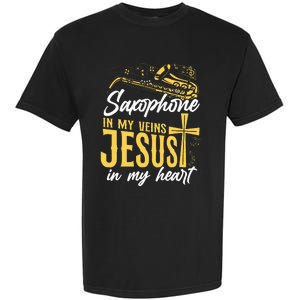 Saxophone Jesus Faith Christian Saxophone In My Veins Jesus Garment-Dyed Heavyweight T-Shirt