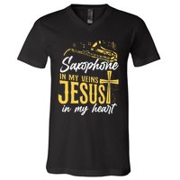 Saxophone Jesus Faith Christian Saxophone In My Veins Jesus V-Neck T-Shirt