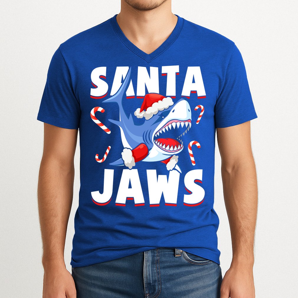 Santa Jaws Funny Christmas Shark Gift Cool Gift V-Neck T-Shirt
