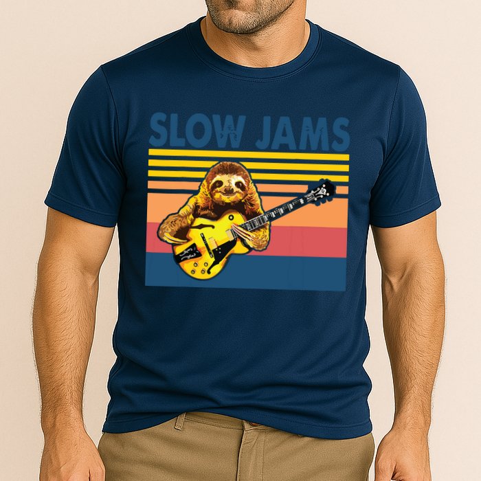 Slow Jams GUITAR Funny Sloth Play Guitar Cooling Performance Crew T-Shirt