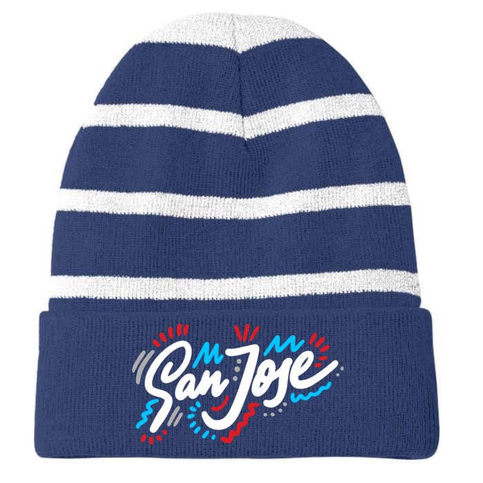 San Jose Hand Drawn Logo Striped Beanie with Solid Band