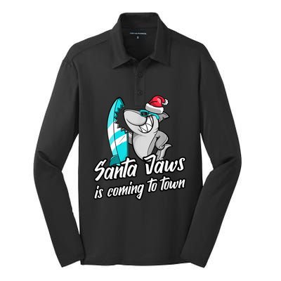 Santa Jaws Is Coming To Town Parody Christmas Shark Funny Silk Touch Performance Long Sleeve Polo