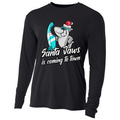 Santa Jaws Is Coming To Town Parody Christmas Shark Funny Cooling Performance Long Sleeve Crew