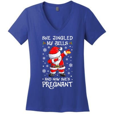 She Jingled My Bells And Now SheS Pregnant Santa Dabbing Gift Women's V-Neck T-Shirt