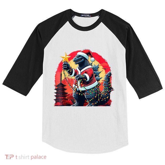 Santazilla Japanese Monster Kaiju Dinosaur Christmas Kids Colorblock Raglan Jersey