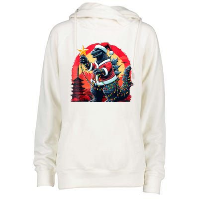 Santazilla Japanese Monster Kaiju Dinosaur Christmas Womens Funnel Neck Pullover Hood