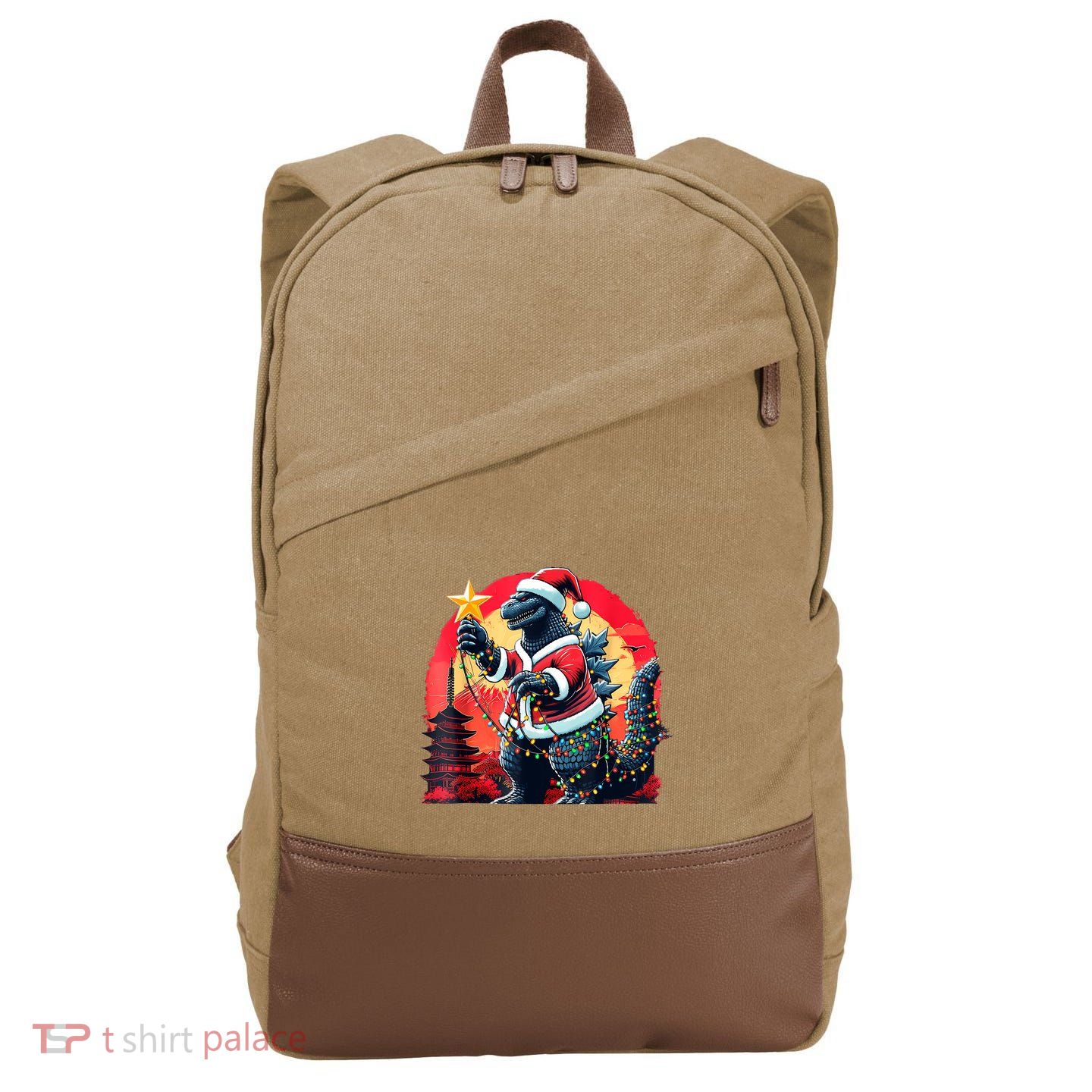Santazilla Japanese Monster Kaiju Dinosaur Christmas Cotton Canvas Backpack