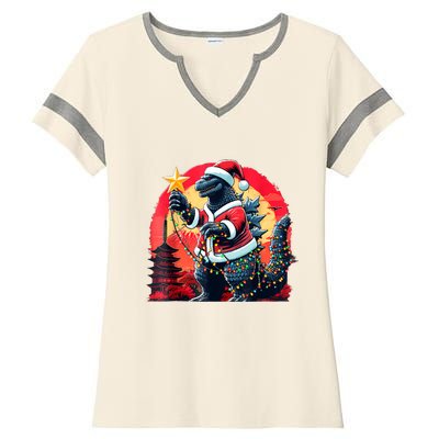 Santazilla Japanese Monster Kaiju Dinosaur Christmas Ladies Halftime Notch Neck Tee