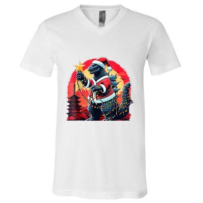 Santazilla Japanese Monster Kaiju Dinosaur Christmas V-Neck T-Shirt