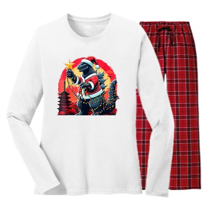 Santazilla Japanese Monster Kaiju Dinosaur Christmas Women's Long Sleeve Flannel Pajama Set 