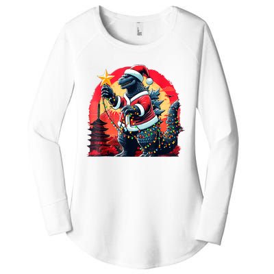 Santazilla Japanese Monster Kaiju Dinosaur Christmas Women's Perfect Tri Tunic Long Sleeve Shirt