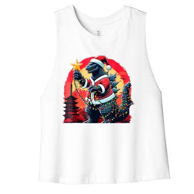 Santazilla Japanese Monster Kaiju Dinosaur Christmas Women's Racerback Cropped Tank