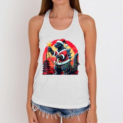 Santazilla Japanese Monster Kaiju Dinosaur Christmas Women's Knotted Racerback Tank