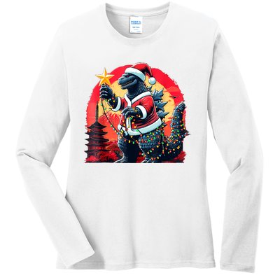 Santazilla Japanese Monster Kaiju Dinosaur Christmas Ladies Long Sleeve Shirt