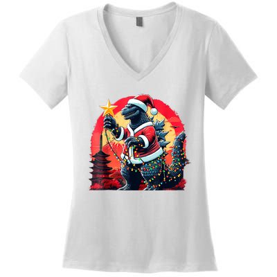 Santazilla Japanese Monster Kaiju Dinosaur Christmas Women's V-Neck T-Shirt