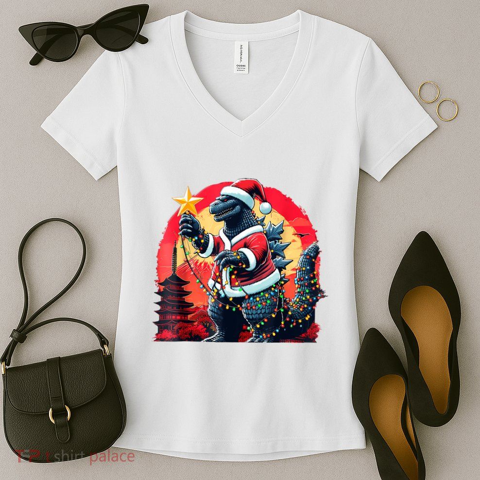 Santazilla Japanese Monster Kaiju Dinosaur Christmas Women's V-Neck T-Shirt