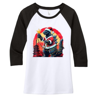 Santazilla Japanese Monster Kaiju Dinosaur Christmas Women's Tri-Blend 3/4-Sleeve Raglan Shirt