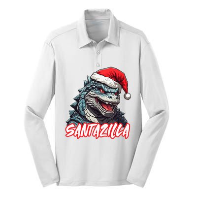 Santazilla Japanese Monster Kaiju Christmas Silk Touch Performance Long Sleeve Polo