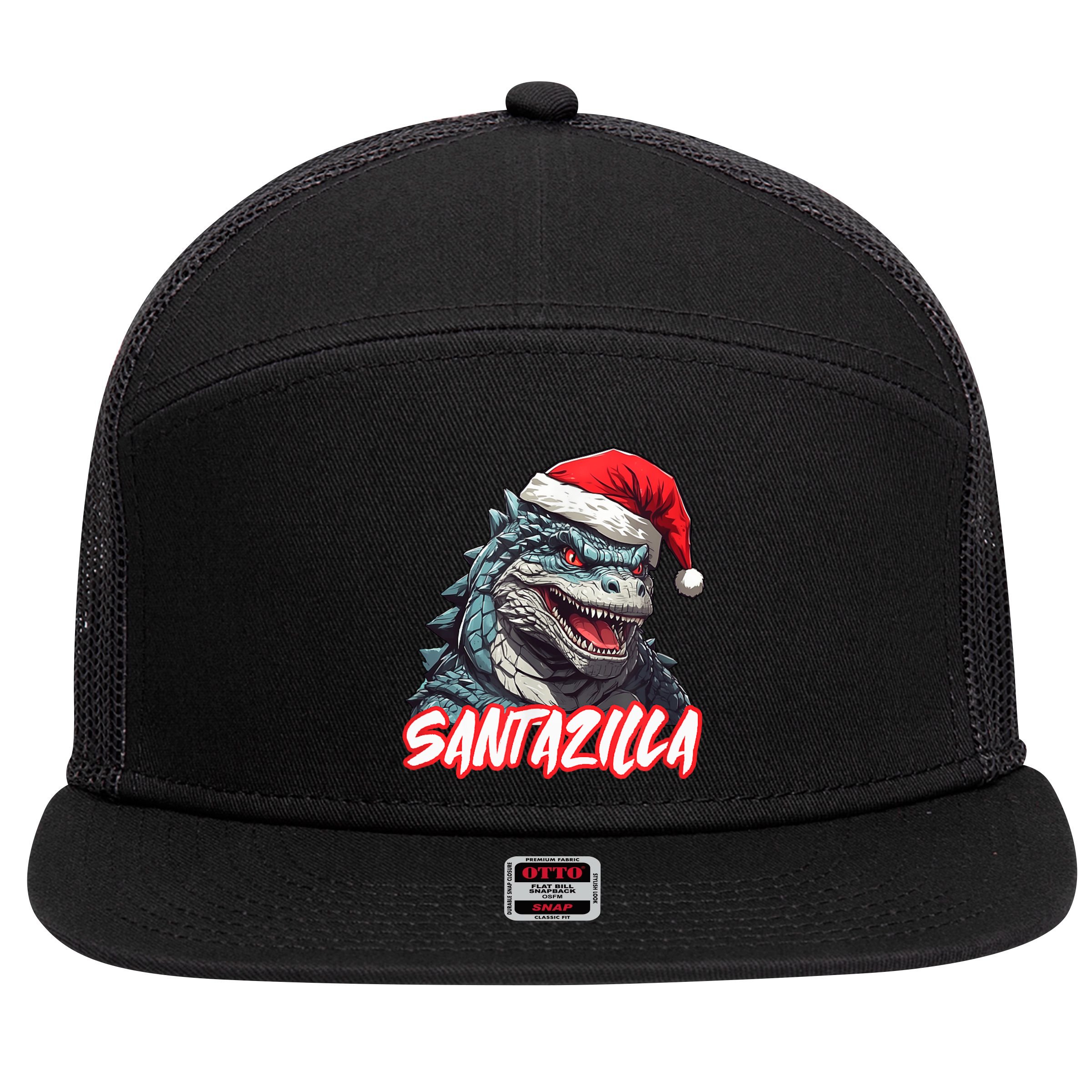 Santazilla Japanese Monster Kaiju Christmas 7 Panel Mesh Trucker Snapback Hat