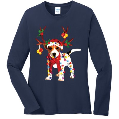 Santa Jack Russell Gorgeous Reindeer Light Christmas Ladies Long Sleeve Shirt