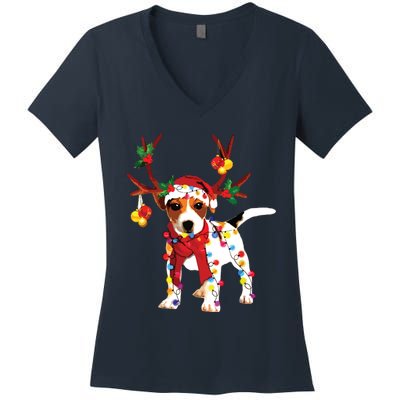 Santa Jack Russell Gorgeous Reindeer Light Christmas Women's V-Neck T-Shirt