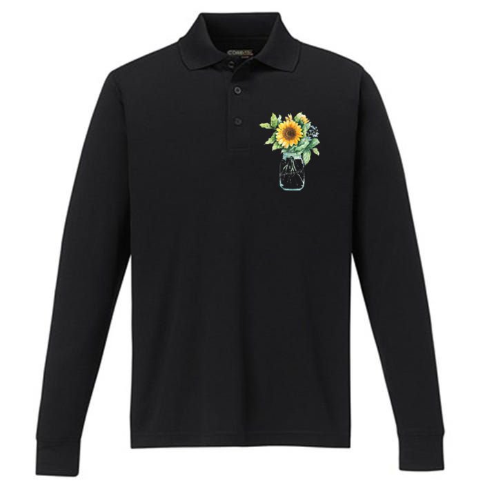 Sunflower Jar 's Life is Goods Floral Awesome Vase Performance Long Sleeve Polo