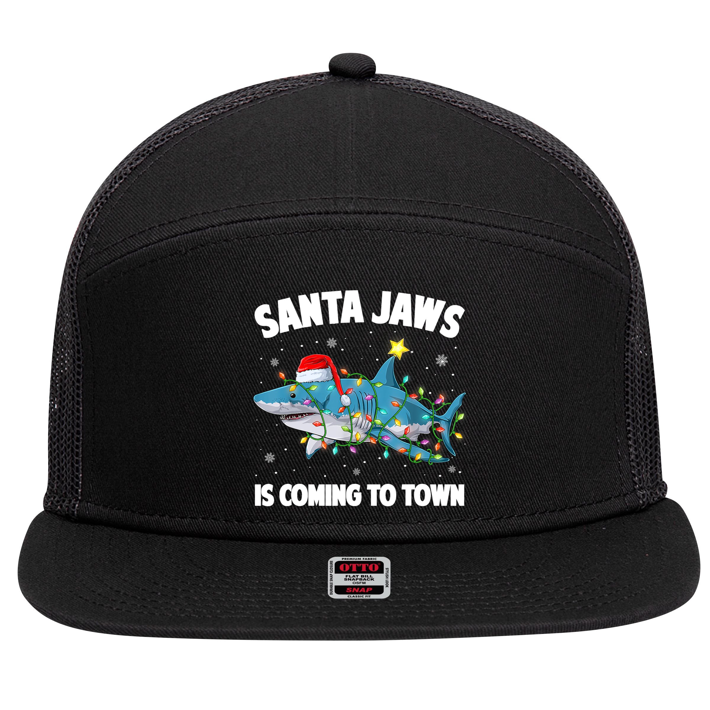Santa Jaws Shark Christmas Lights Merry Sharkmas Xmas Boys TShirt 7 Panel Mesh Trucker Snapback Hat