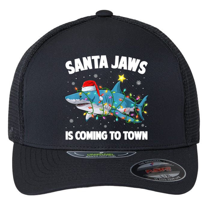 Santa Jaws Shark Christmas Lights Merry Sharkmas Xmas Boys TShirt Flexfit Unipanel Trucker Cap