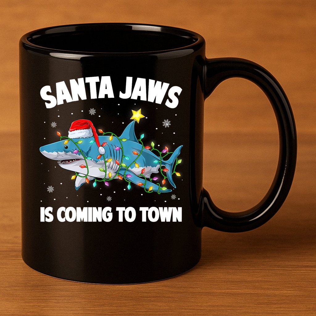 Santa Jaws Shark Christmas Lights Merry Sharkmas Xmas Boys TShirt 11oz C Handle Ceramic Mug