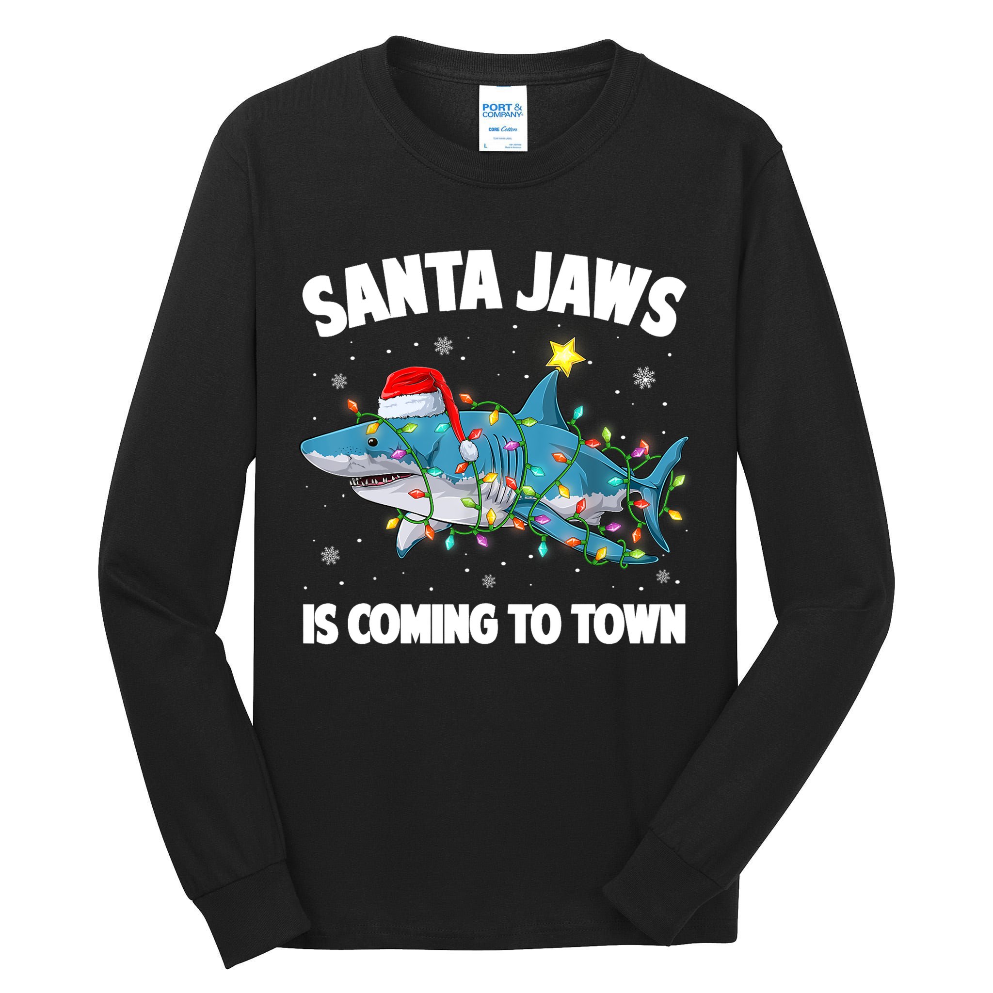 Santa Jaws Shark Christmas Lights Merry Sharkmas Xmas Boys TShirt Tall Long Sleeve T-Shirt