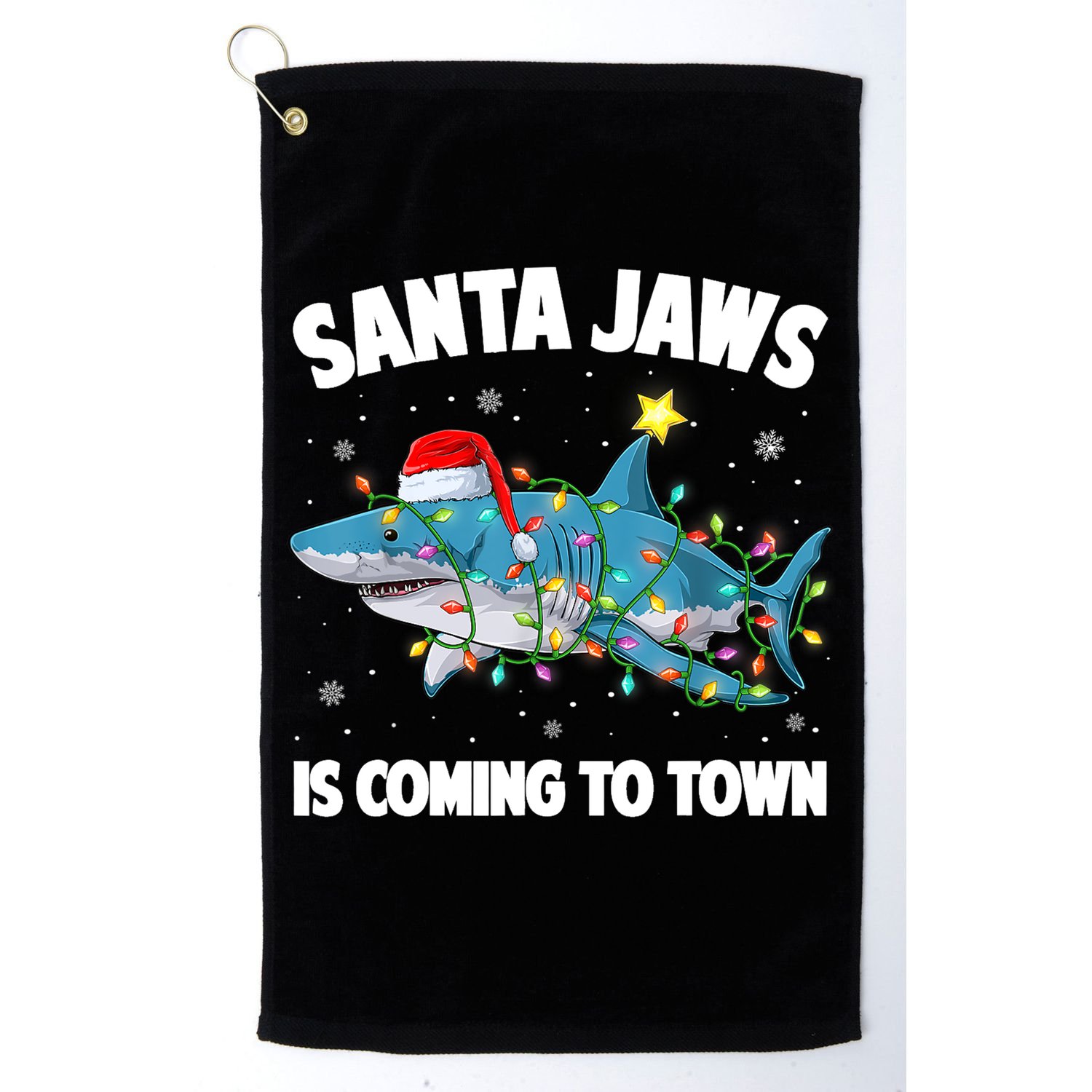 Santa Jaws Shark Christmas Lights Merry Sharkmas Xmas Boys TShirt Golf Towel
