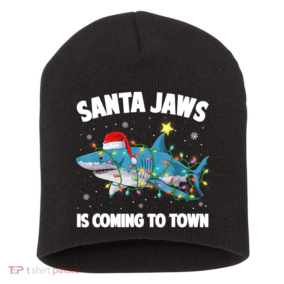 Santa Jaws Shark Christmas Lights Merry Sharkmas Xmas Boys TShirt Short Acrylic Beanie