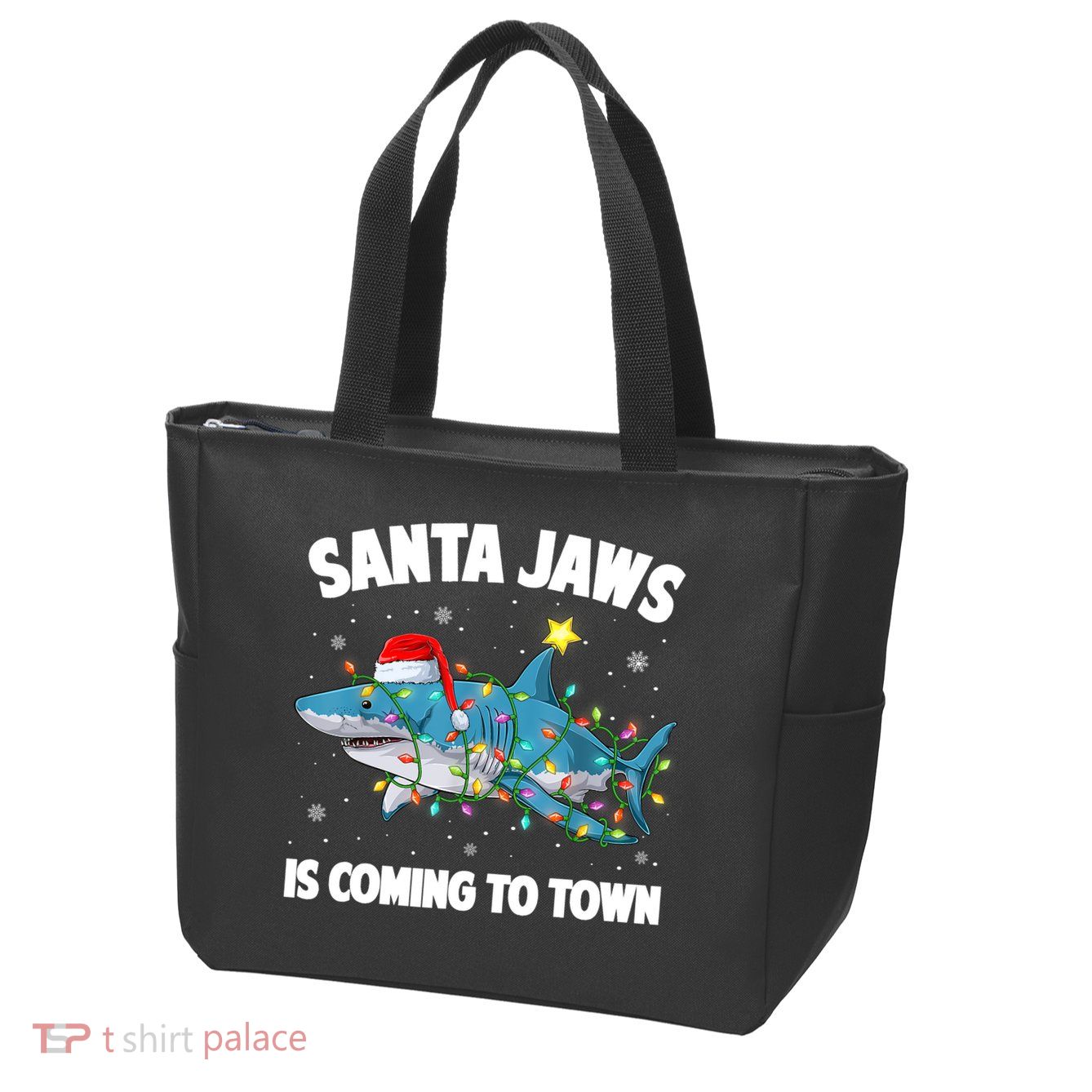 Santa Jaws Shark Christmas Lights Merry Sharkmas Xmas Boys TShirt Zip Tote Bag