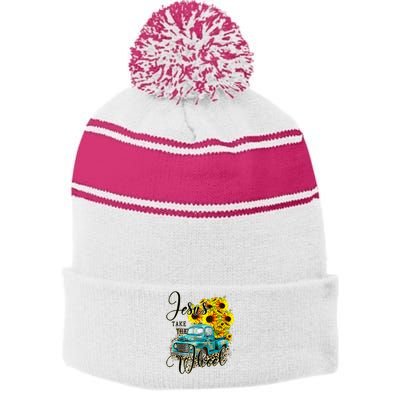 Sunflower Jesus Take The Wheel Christian Gift Leopard Print Stripe Pom Pom Beanie
