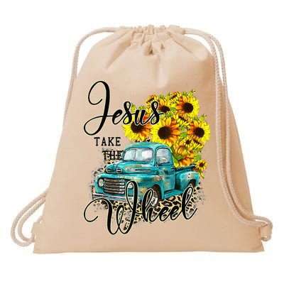 Sunflower Jesus Take The Wheel Christian Gift Leopard Print Drawstring Bag