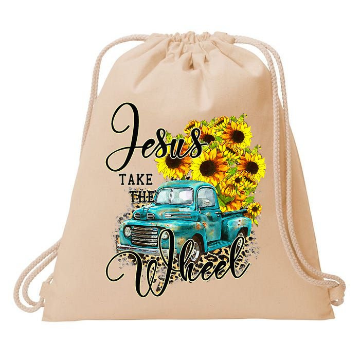 Sunflower Jesus Take The Wheel Christian Gift Leopard Print Drawstring Bag