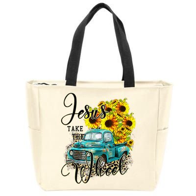 Sunflower Jesus Take The Wheel Christian Gift Leopard Print Zip Tote Bag
