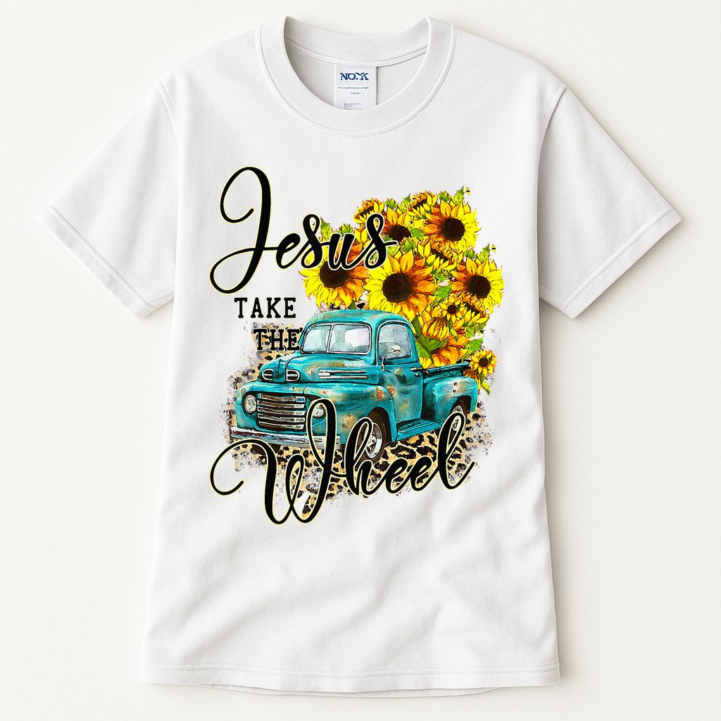Sunflower Jesus Take The Wheel Christian Gift Leopard Print Tall T-Shirt