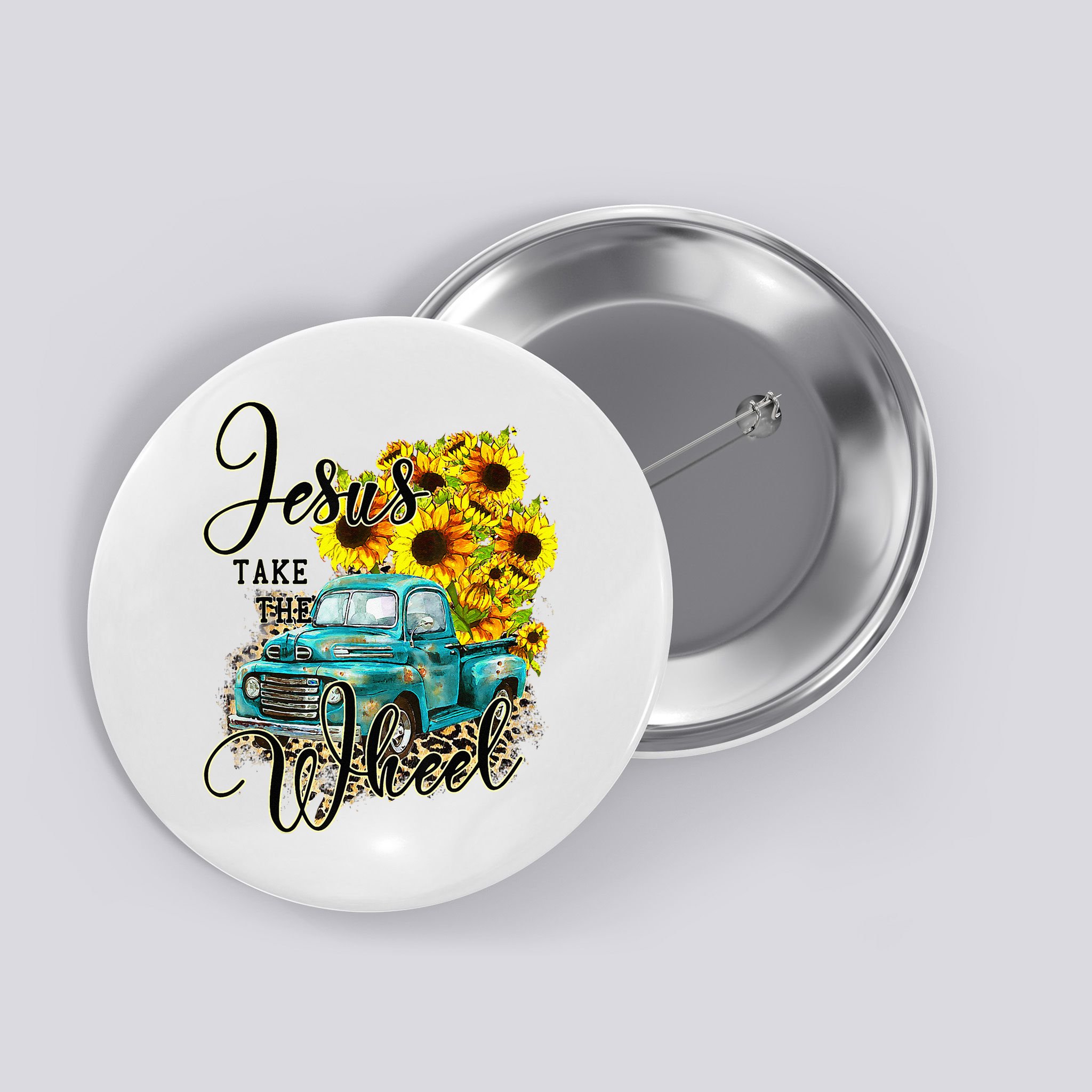 Sunflower Jesus Take The Wheel Christian Gift Leopard Print Button