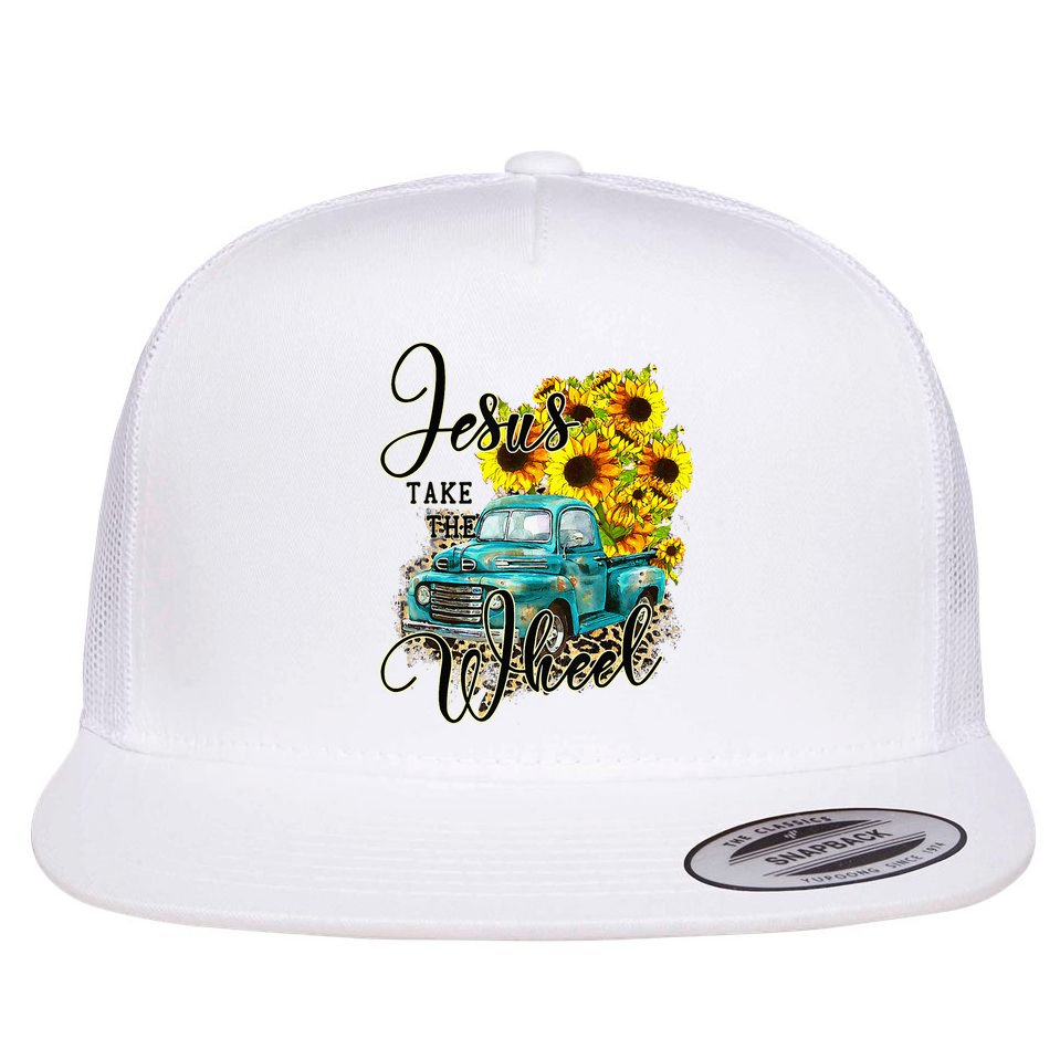Sunflower Jesus Take The Wheel Christian Gift Leopard Print Flat Bill Trucker Hat