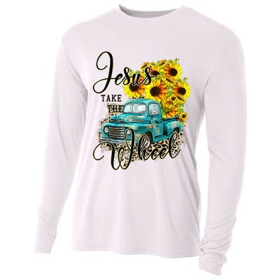 Sunflower Jesus Take The Wheel Christian Gift Leopard Print Cooling Performance Long Sleeve Crew