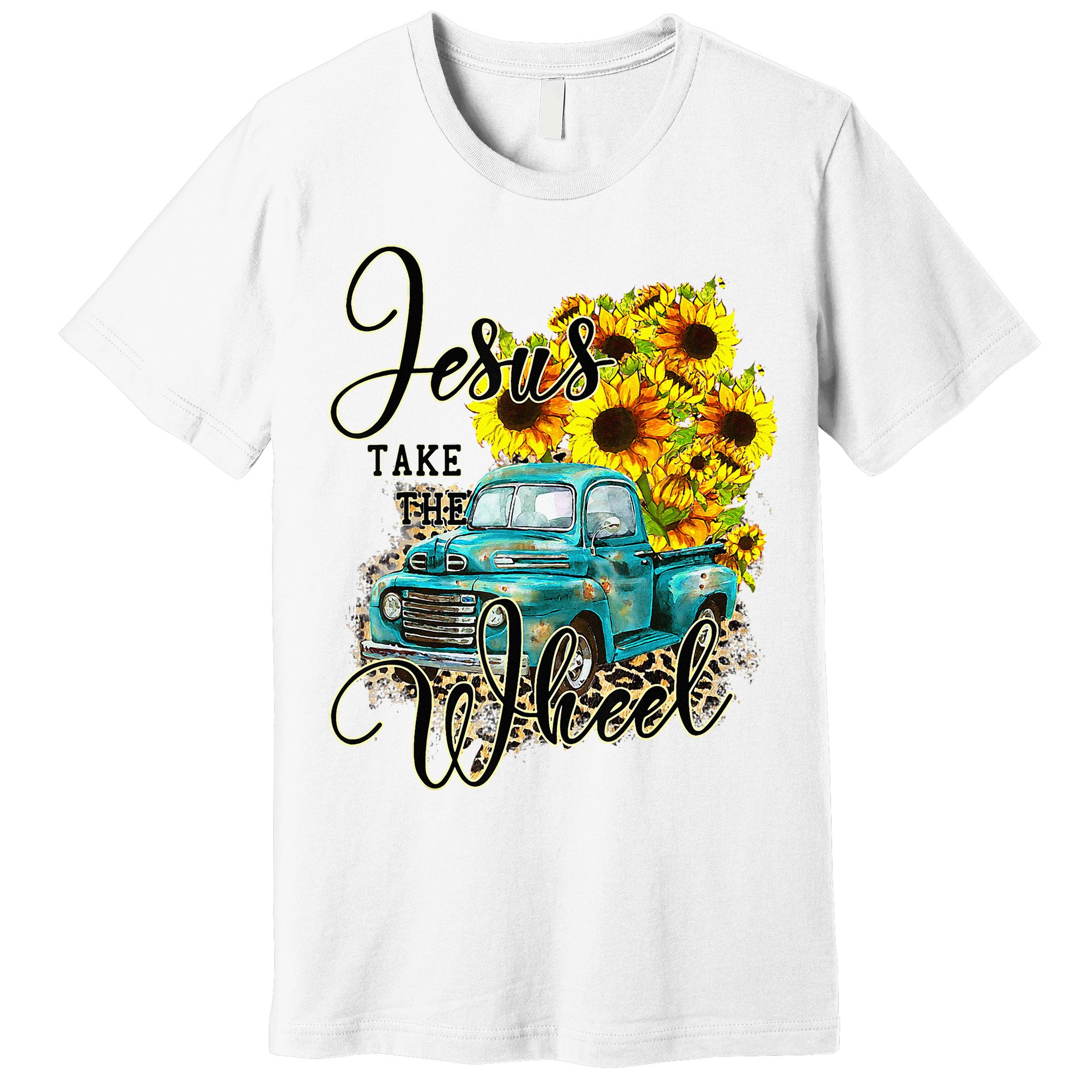 Sunflower Jesus Take The Wheel Christian Gift Leopard Print Premium T-Shirt