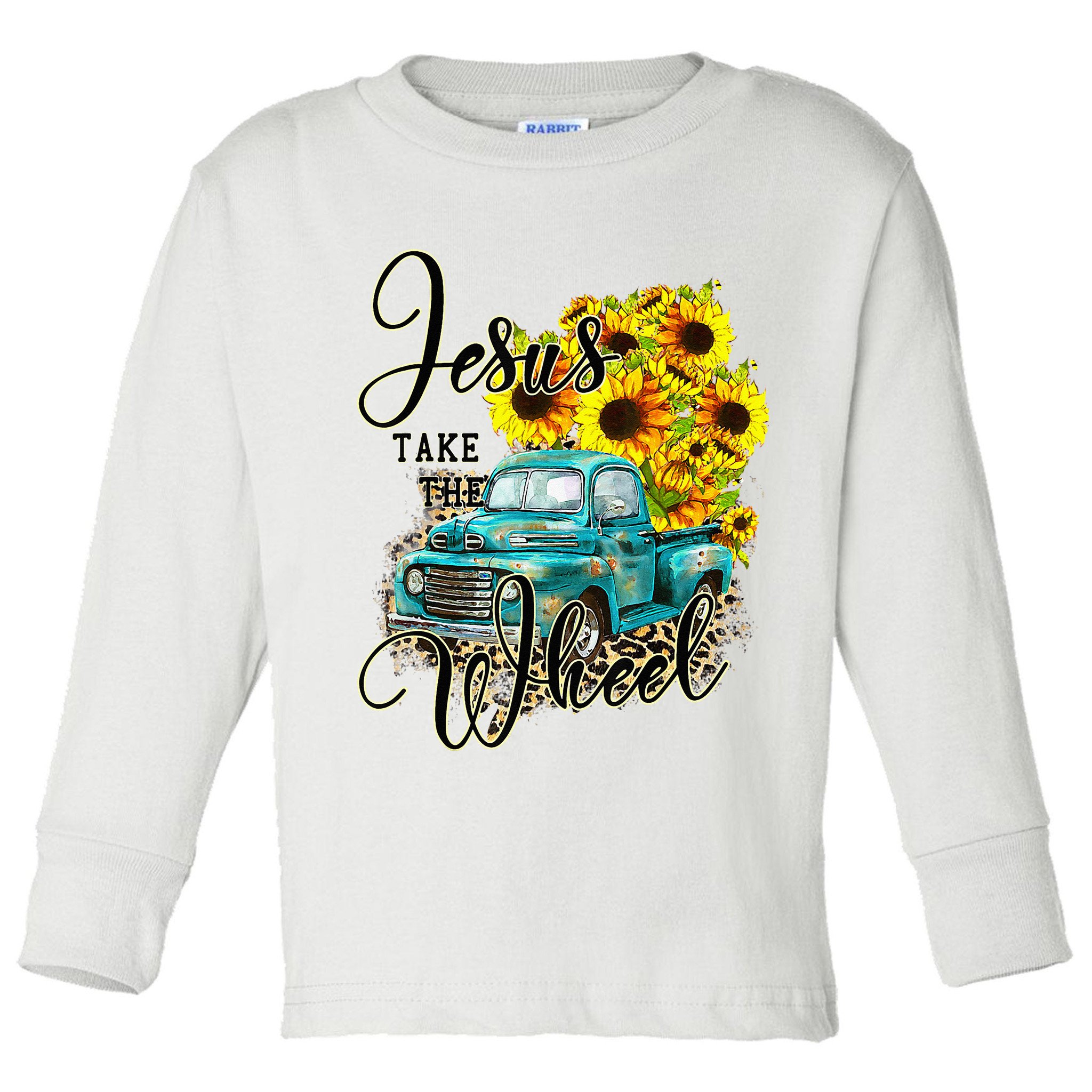 Sunflower Jesus Take The Wheel Christian Gift Leopard Print Toddler Long Sleeve Shirt